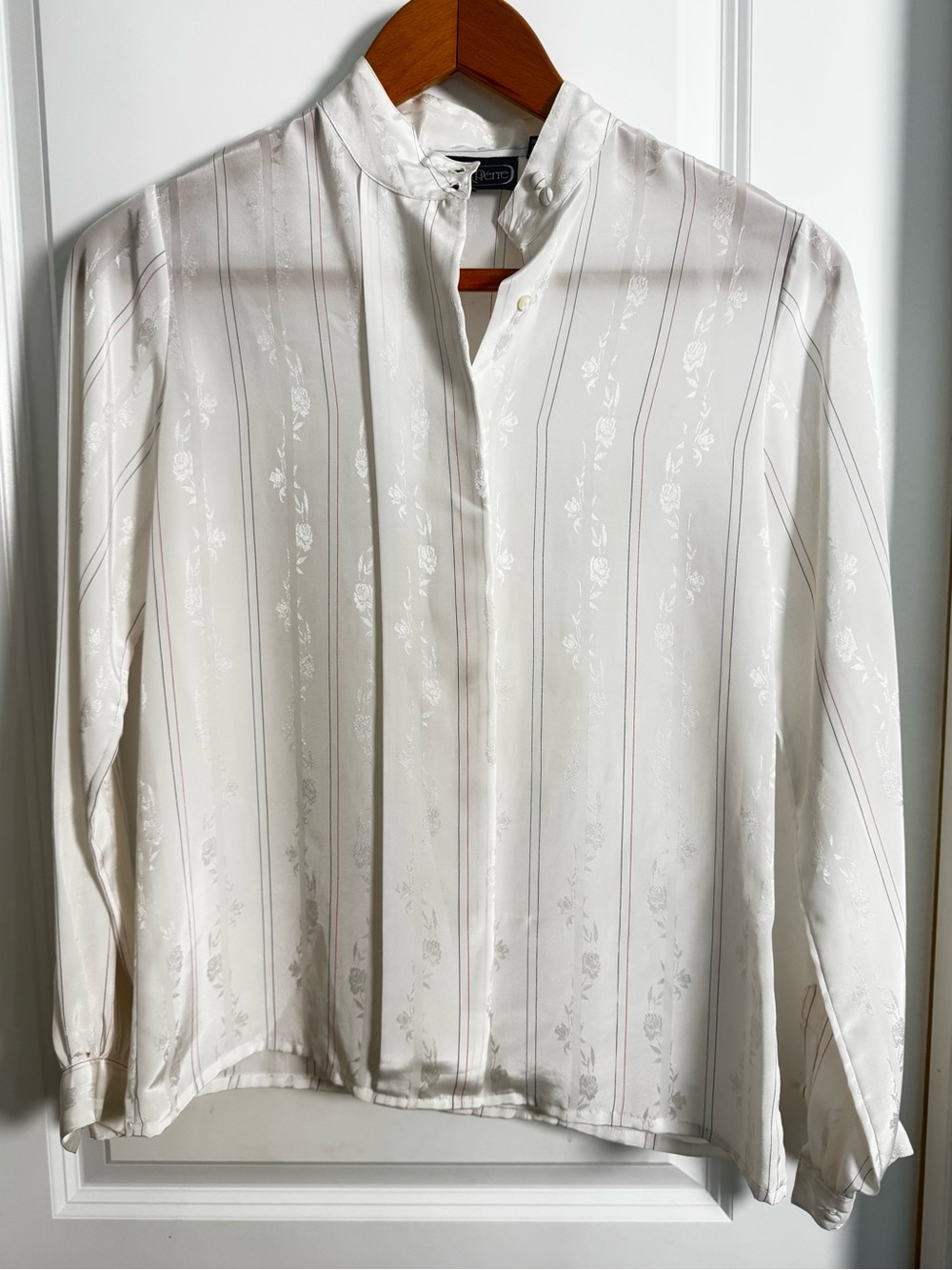 Vintage 1980’s Women's Ivory Stripe Mandarin Collar Shirt